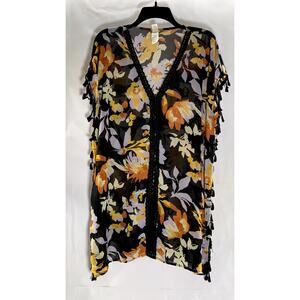 SEA ANGEL Women's Black Floral Sheer Crochet-Trim Fringe Over Shirt SZ M